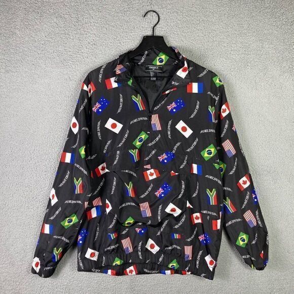 Forever 21 Windbreaker Jacket‎ 1/4 Zip Mens Size Large Flag Graphic Worldwide - Picture 3 of 10